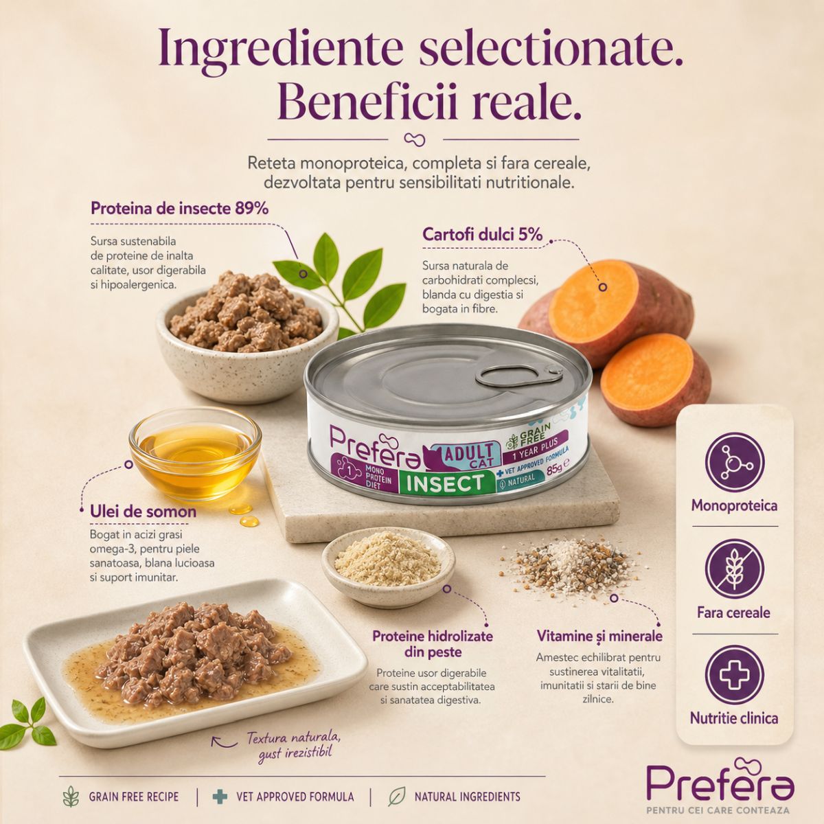 PREFERA MPD, Insecte, dietă veterinară, conservă hrană umedă monoproteică fără cereale pisici, (în suc propriu), 85g - imagine 5
